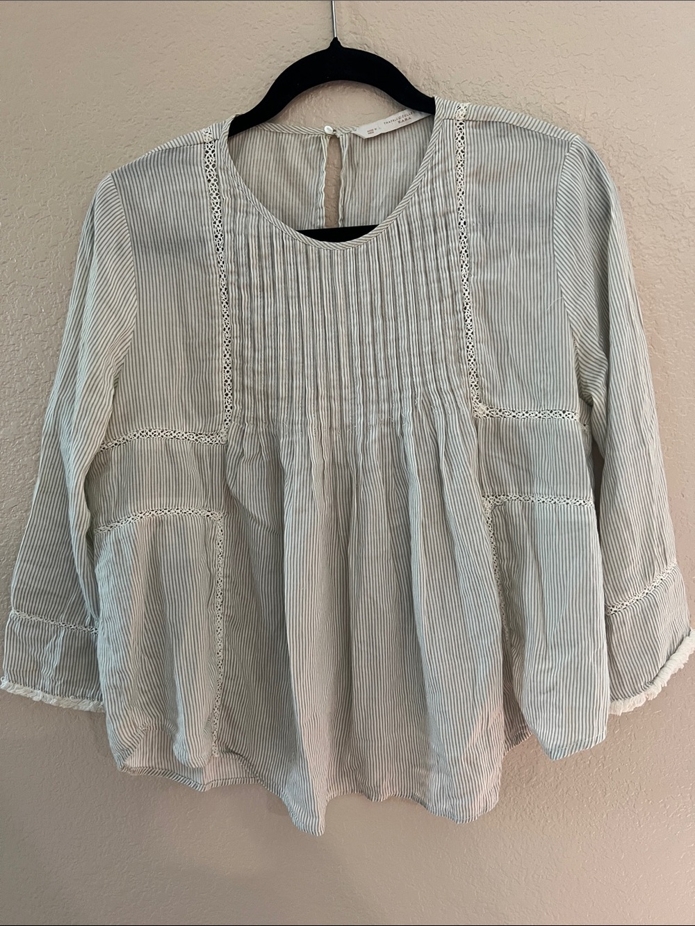 Zara Beige/White Pinstripe Lace-Trim Peasant Blouse